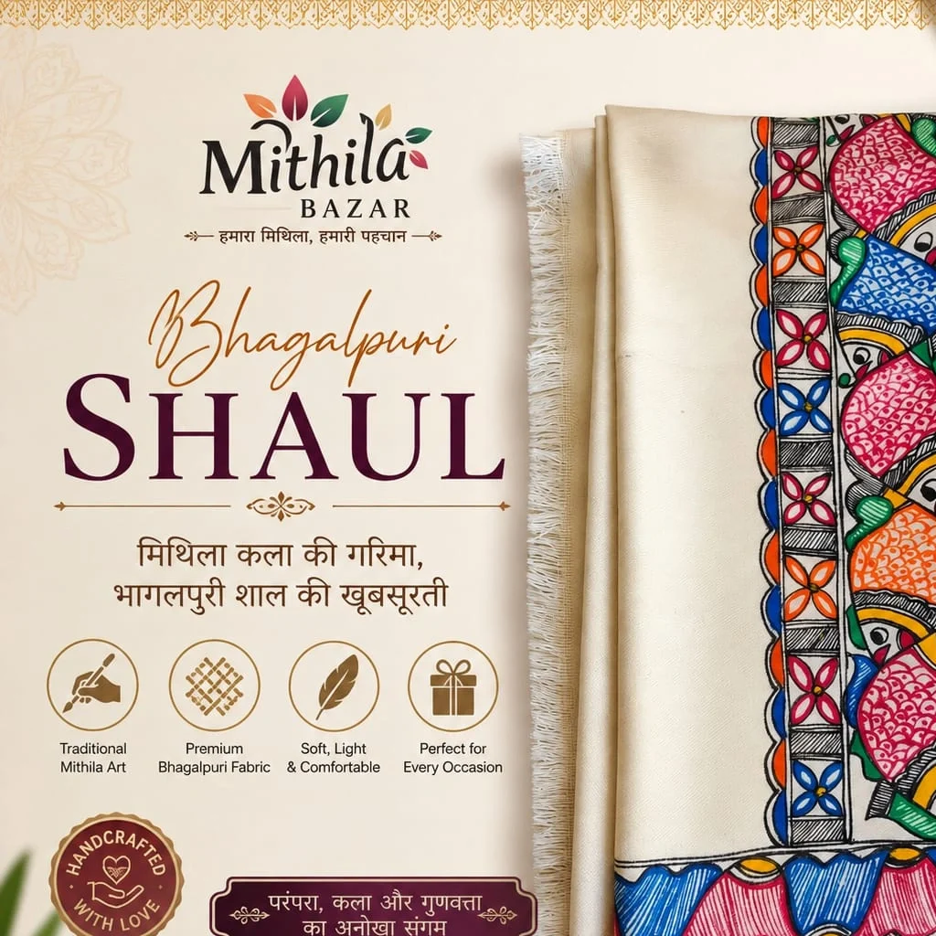 Bhagalpuri shawl with colorful Mithila fish and floral artwork