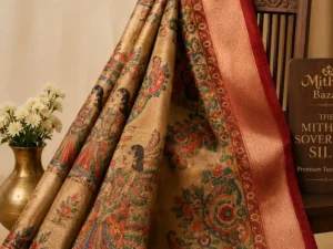 Premium Tussar Silk Saree featuring authentic Madhubani art motifs, traditional Mithila painting design, and handcrafted heritage detailing by Mithila Bazar.