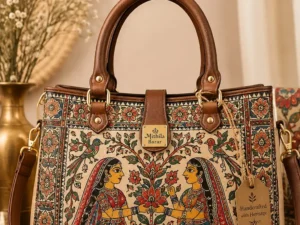 Elegant Mithila Heritage Handbag featuring authentic Madhubani art illustrations, floral motifs, premium handles, and traditional Indian craftsmanship by Mithila Bazar.