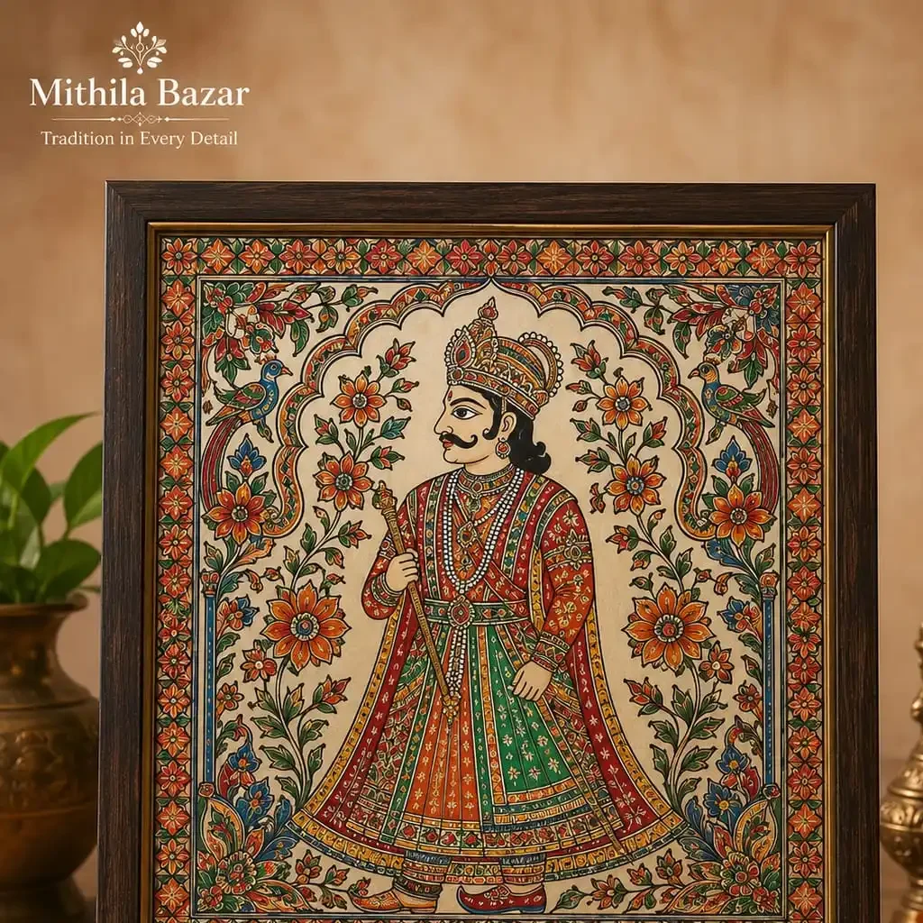 Handpainted Mithila art painting depicting the Maharaja of Janakpur in royal attire with intricate floral Madhubani motifs and premium wooden framing.