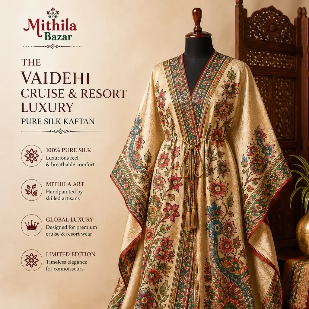 Vaidehi Luxury Pure Silk Kaftan featuring handcrafted Mithila art floral and peacock motifs by Mithila Bazar.