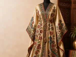 Vaidehi Luxury Pure Silk Kaftan featuring handcrafted Mithila art floral and peacock motifs by Mithila Bazar.