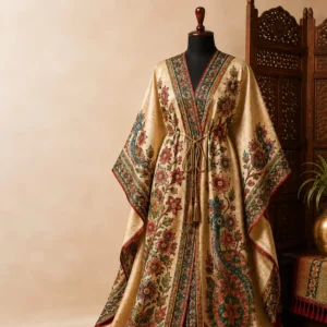 Vaidehi Luxury Pure Silk Kaftan featuring handcrafted Mithila art floral and peacock motifs by Mithila Bazar.