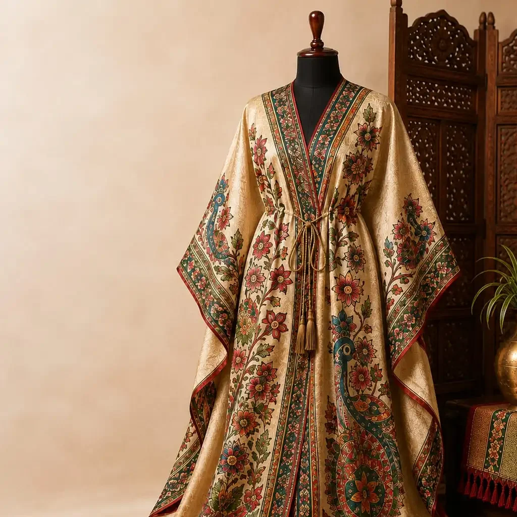 Vaidehi Luxury Pure Silk Kaftan featuring handcrafted Mithila art floral and peacock motifs by Mithila Bazar.
