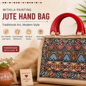 Mithila jute handbag with colorful Madhubani painting artwork