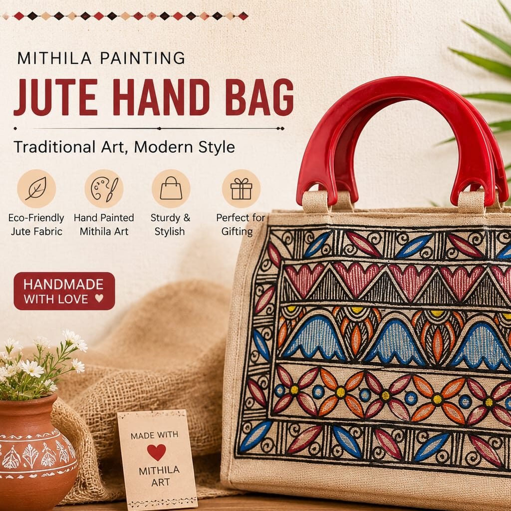 Mithila jute handbag with colorful Madhubani painting artwork