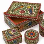 Hand-painted Mithila Art wooden decorative storage box with colorful bird and floral designs