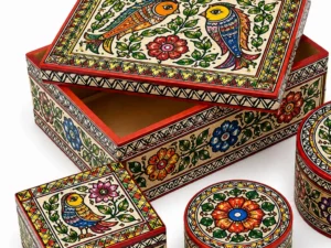 Hand-painted Mithila Art wooden decorative storage box with colorful bird and floral designs