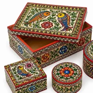 Hand-painted Mithila Art wooden decorative storage box with colorful bird and floral designs