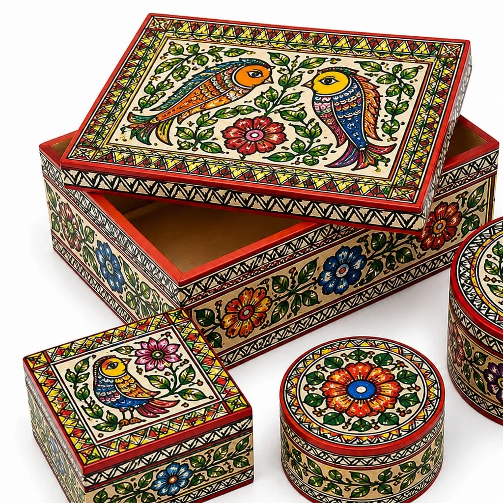 Hand-painted Mithila Art wooden decorative storage box with colorful bird and floral designs