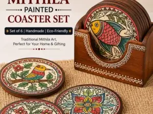 Hand-painted Mithila Art wooden coaster set with colorful traditional designs