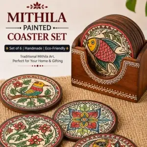 Hand-painted Mithila Art wooden coaster set with colorful traditional designs