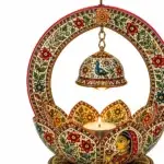 Handpainted Mithila Lotus Diya Holder with floral Madhubani artwork, lotus-shaped candle stand and hanging decorative bell