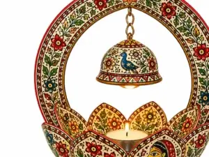 Handpainted Mithila Lotus Diya Holder with floral Madhubani artwork, lotus-shaped candle stand and hanging decorative bell