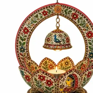 Handpainted Mithila Lotus Diya Holder with floral Madhubani artwork, lotus-shaped candle stand and hanging decorative bell