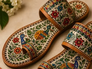 Handmade Madhubani art slippers featuring colorful peacock motifs, floral patterns, and traditional Mithila craftsmanship.
