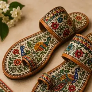 Handmade Madhubani art slippers featuring colorful peacock motifs, floral patterns, and traditional Mithila craftsmanship.