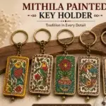 Hand-painted Mithila Art wooden keychain with colorful traditional folk-art designs