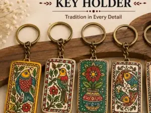 Hand-painted Mithila Art wooden keychain with colorful traditional folk-art designs