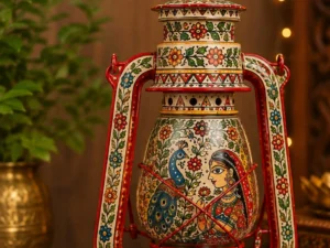 Handpainted Mithila Art decorative lantern featuring traditional Madhubani motifs, peacock design, floral patterns, and vibrant artisan craftsmanship.