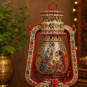 Handpainted Mithila Art decorative lantern featuring traditional Madhubani motifs, peacock design, floral patterns, and vibrant artisan craftsmanship.
