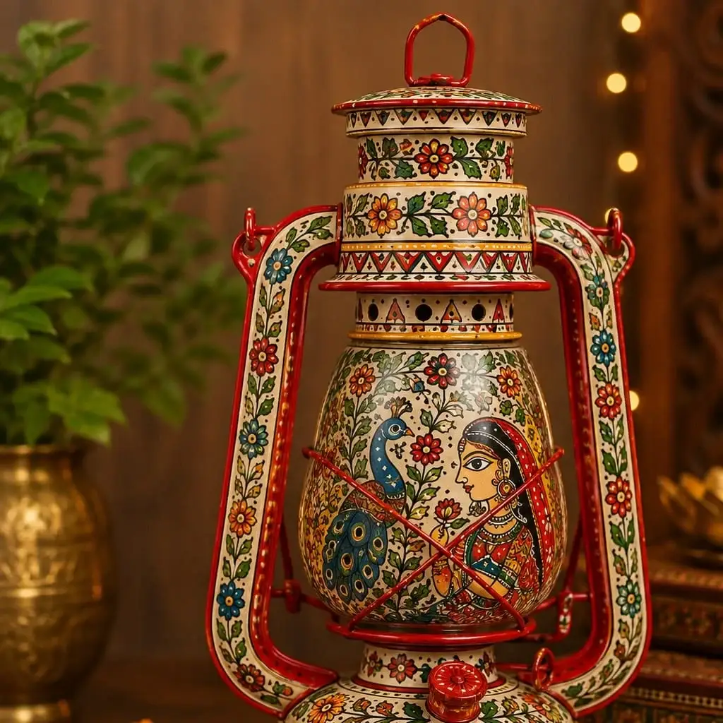Handpainted Mithila Art decorative lantern featuring traditional Madhubani motifs, peacock design, floral patterns, and vibrant artisan craftsmanship.