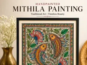 Handpainted Mithila painting featuring colorful fish, lotus flowers, and traditional Madhubani patterns in a premium framed artwork.