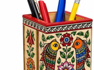 Hand-painted Mithila Art wooden pen holder with colorful birds and floral patterns