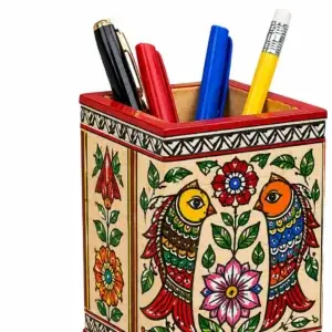 Hand-painted Mithila Art wooden pen holder with colorful birds and floral patterns