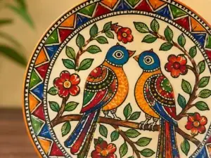 Hand-painted Mithila Art decorative wall plate with colorful birds and floral design