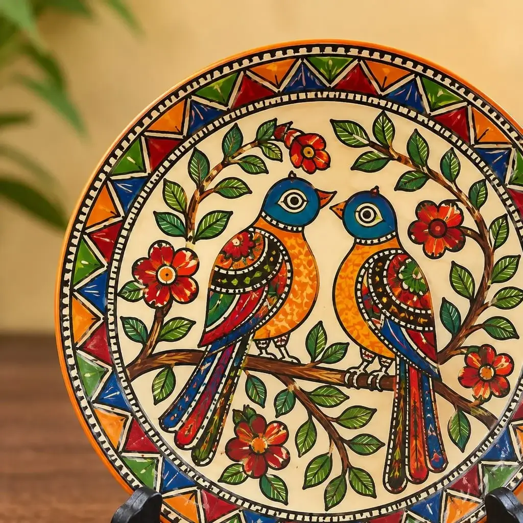 Hand-painted Mithila Art decorative wall plate with colorful birds and floral design
