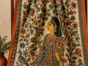Luxury Madhubani Art Shawl featuring floral vines, peacock motifs, traditional Mithila artwork, decorative border, and tassel detailing by Mithila Bazar.
