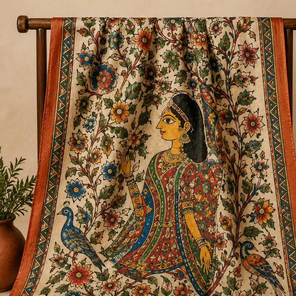 Luxury Madhubani Art Shawl featuring floral vines, peacock motifs, traditional Mithila artwork, decorative border, and tassel detailing by Mithila Bazar.