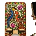 Hand-painted Mithila Art wooden mobile phone stand with colorful bird artwork