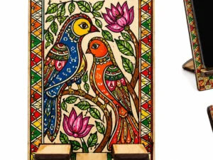 Hand-painted Mithila Art wooden mobile phone stand with colorful bird artwork