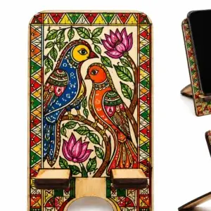 Hand-painted Mithila Art wooden mobile phone stand with colorful bird artwork
