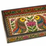 Hand-painted Mithila Art wooden serving tray with colorful birds and floral artwork
