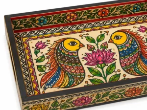 Hand-painted Mithila Art wooden serving tray with colorful birds and floral artwork