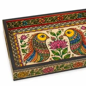 Hand-painted Mithila Art wooden serving tray with colorful birds and floral artwork