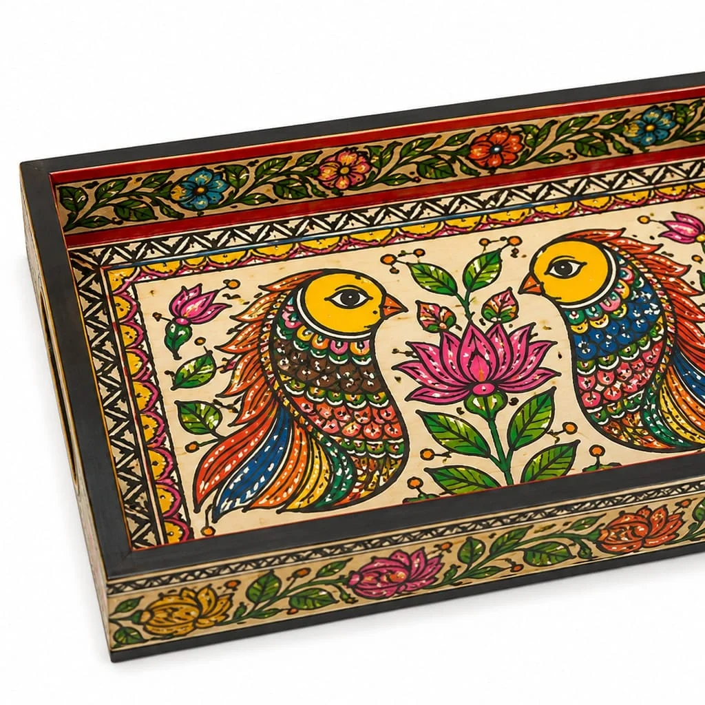 Hand-painted Mithila Art wooden serving tray with colorful birds and floral artwork