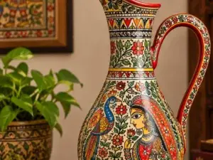 Decorative Madhubani art pitcher featuring peacock motifs, traditional Mithila painting, floral designs, and handcrafted artisan detailing.