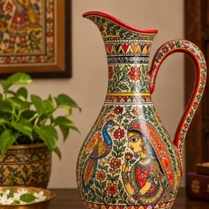 Decorative Madhubani art pitcher featuring peacock motifs, traditional Mithila painting, floral designs, and handcrafted artisan detailing.