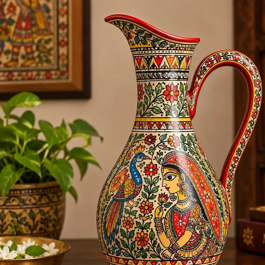 Decorative Madhubani art pitcher featuring peacock motifs, traditional Mithila painting, floral designs, and handcrafted artisan detailing.
