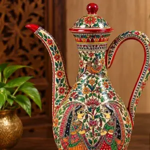 Handpainted Mithila decorative pitcher featuring traditional Madhubani art, floral motifs, and cultural illustrations on a handcrafted vase.