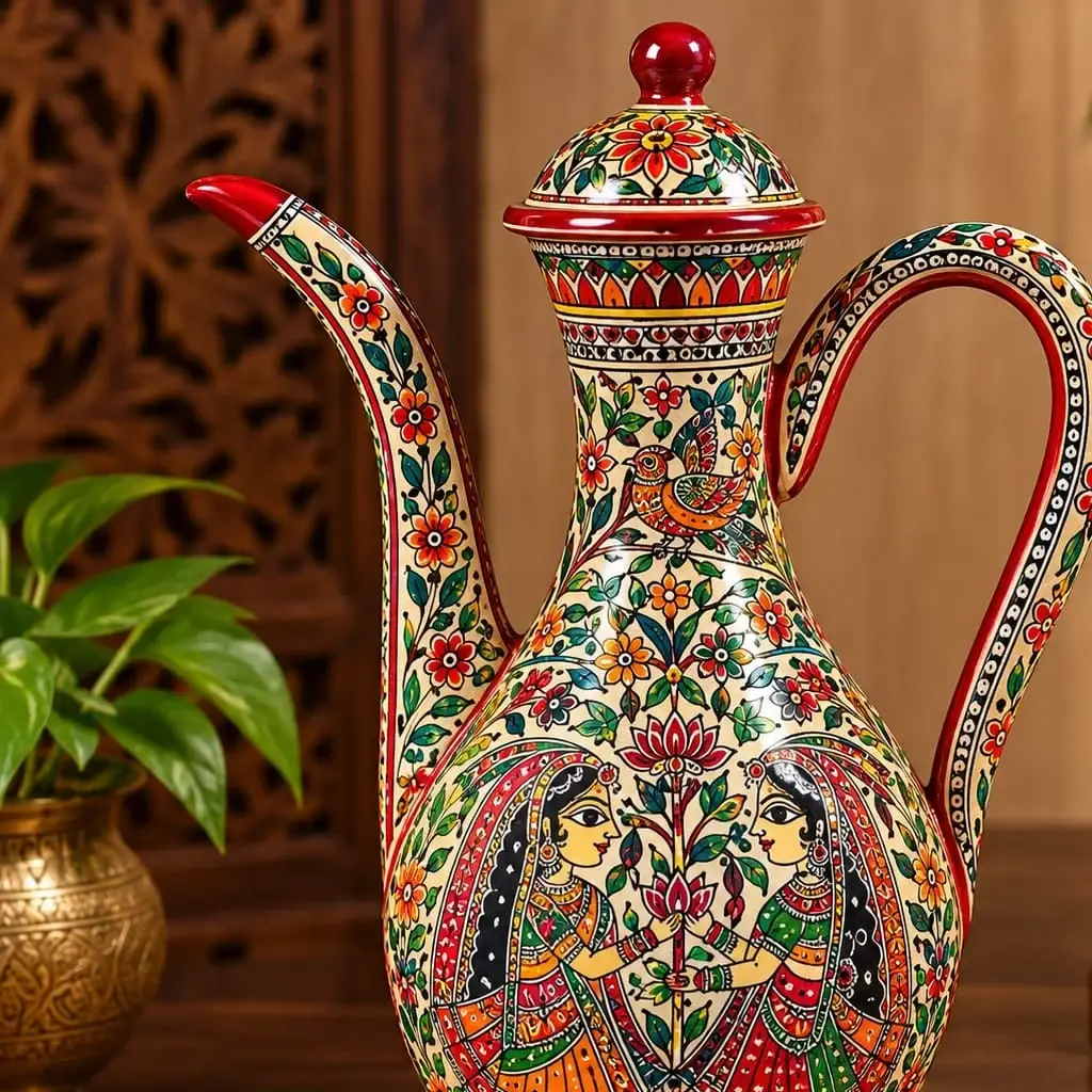 Handpainted Mithila decorative pitcher featuring traditional Madhubani art, floral motifs, and cultural illustrations on a handcrafted vase.