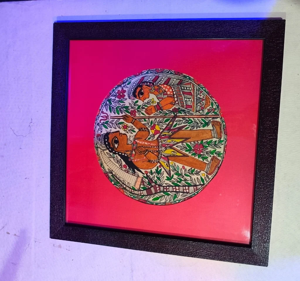 Traditional Mithila couple painting with floral Madhubani patterns
