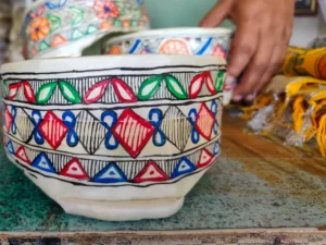 Handcrafted Mithila Painting Paag with colorful Madhubani floral and geometric artwork on traditional Maithili headgear