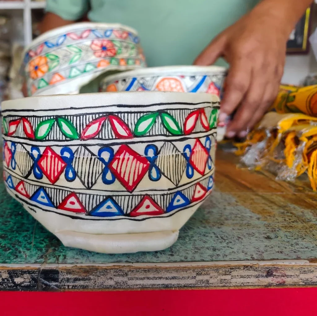 Handcrafted Mithila Painting Paag with colorful Madhubani floral and geometric artwork on traditional Maithili headgear