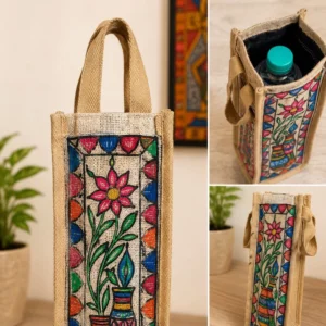 Madhubani jute bottle bag with colorful traditional artwork