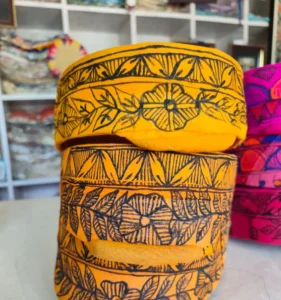 Yellow Mithila Paag with traditional Mithila artwork